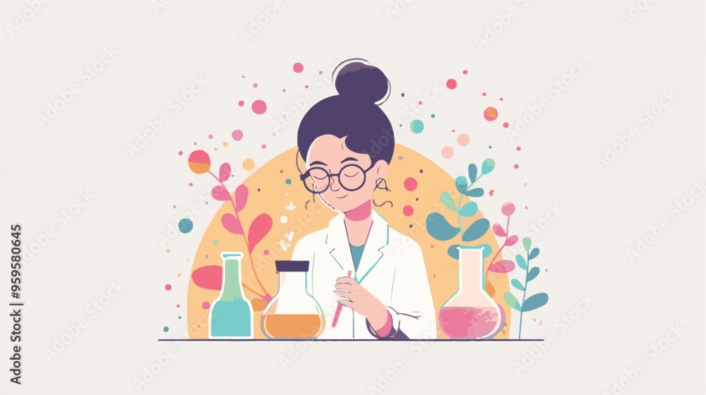 A flat illustration of a female scientist with glasses, in her laboratory white background,
A flat illustration of a female scientist with glasses, in her laboratory white background,