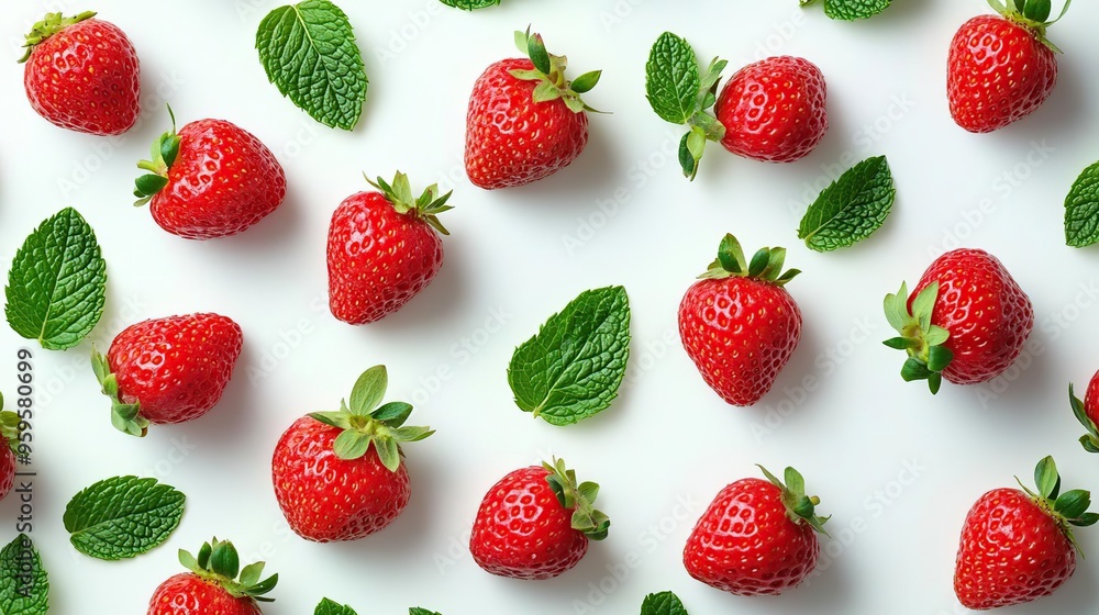 A flat lay of fresh strawberries and mint leaves on a light background. A flat lay of fresh strawberries and mint leaves on a light background.