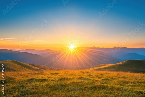 Bright sunrise over rolling hills, representing hope and new opportunities.