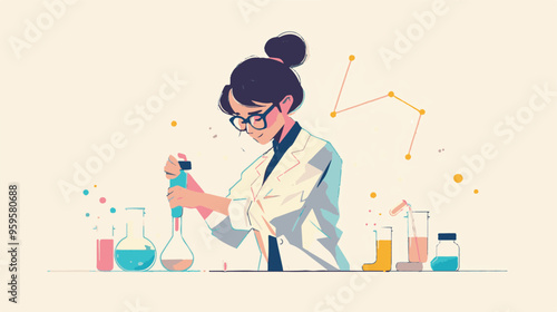 A flat illustration of a female scientist with glasses, in her laboratory white background,
