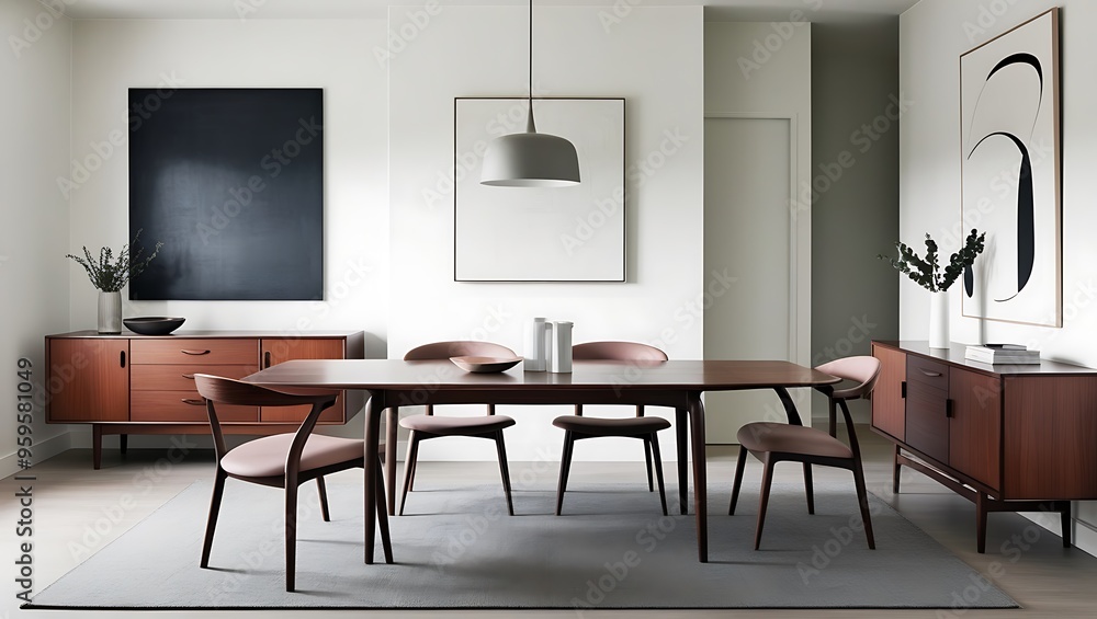A Minimalist Dining Room with Contemporary Wall Art Illuminating the Balance of Modern Design and Tranquil Aesthetics A Minimalist Dining Room with Contemporary Wall Art Illuminating the Balance of Modern Design and Tranquil Aesthetics