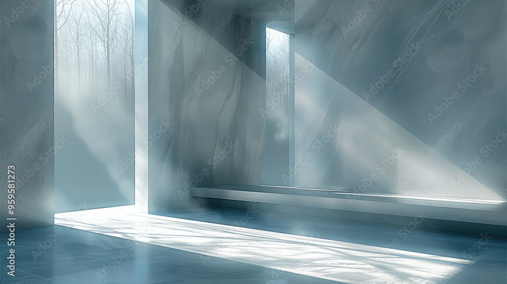 Ultra-simple interior environment, a piece of glass is displayed in the middle, the background is clean, transparent and simple, full of modern centrism. Generative AI. Ultra-simple interior environment, a piece of glass is displayed in the middle, the background is clean, transparent and simple, full of modern centrism. Generative AI.