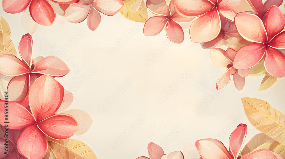 A flat vector illustration of a Plumeria border, intricate pattern with overlapping flowers , With some space in the area for text, soft pastel shades, painted with subtle textures A flat vector illustration of a Plumeria border, intricate pattern with overlapping flowers , With some space in the area for text, soft pastel shades, painted with subtle textures