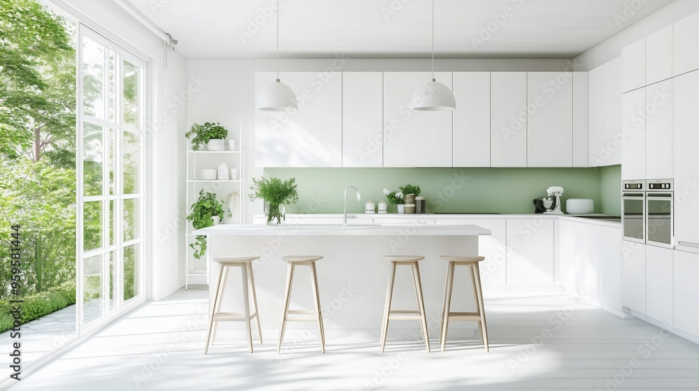 Fototapeta premium A white kitchen with a green wall.