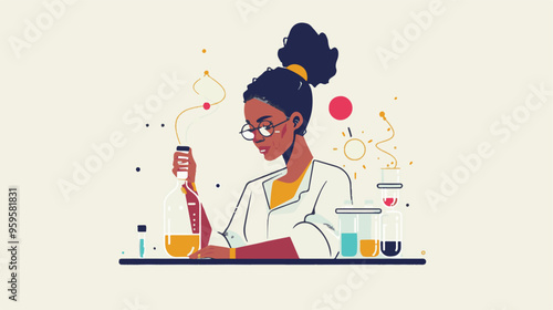 A flat illustration of a female scientist with glasses, in her laboratory white background,
