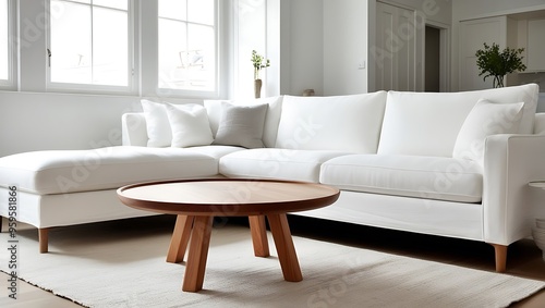 Minimalist interior design of modern living room with sofa with colorful pillows, with beautiful wall art