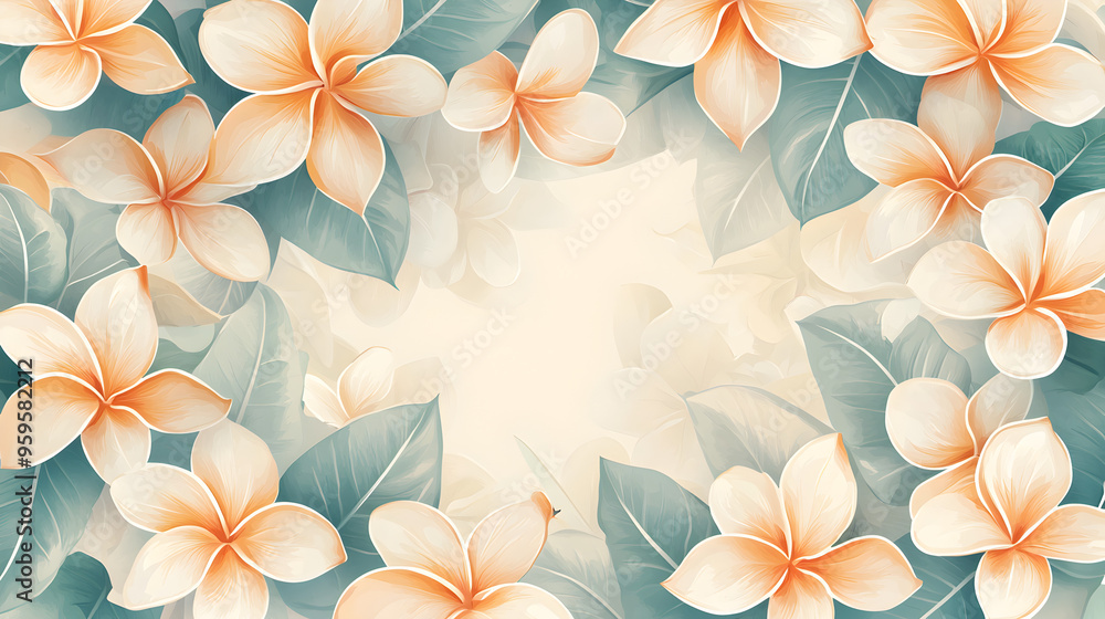 A flat vector illustration of a Plumeria border, intricate pattern with overlapping flowers , With some space in the area for text, soft pastel shades, painted with subtle textures A flat vector illustration of a Plumeria border, intricate pattern with overlapping flowers , With some space in the area for text, soft pastel shades, painted with subtle textures