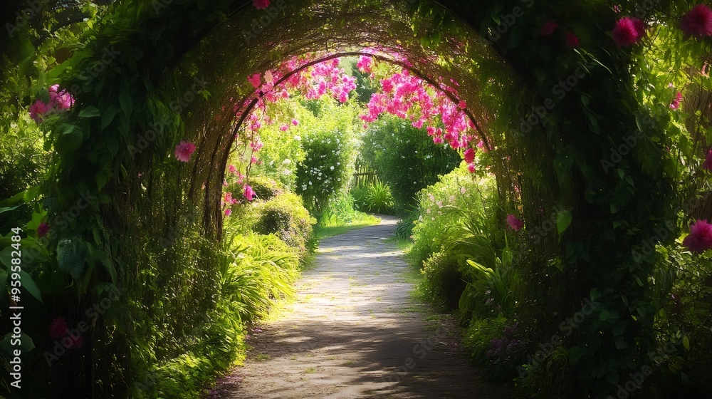A lush green path lined with pink flowers leads through an archway of vibrant foliage. A lush green path lined with pink flowers leads through an archway of vibrant foliage.