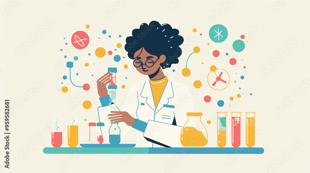 A flat illustration of a female scientist with glasses, in her laboratory white background,
A flat illustration of a female scientist with glasses, in her laboratory white background,