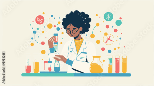 A flat illustration of a female scientist with glasses, in her laboratory white background,
