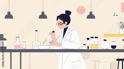 A flat illustration of a female scientist with glasses, in her laboratory white background,
