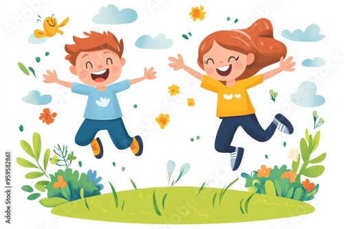 Children's activities. Happy children are jumping on the park.T emplate for advertising brochure. Illustration girl and boy photo