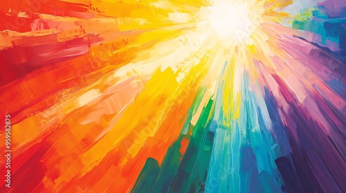 The vibrant explosion of a sunburst in rainbow colors forms an energetic and uplifting abstract background