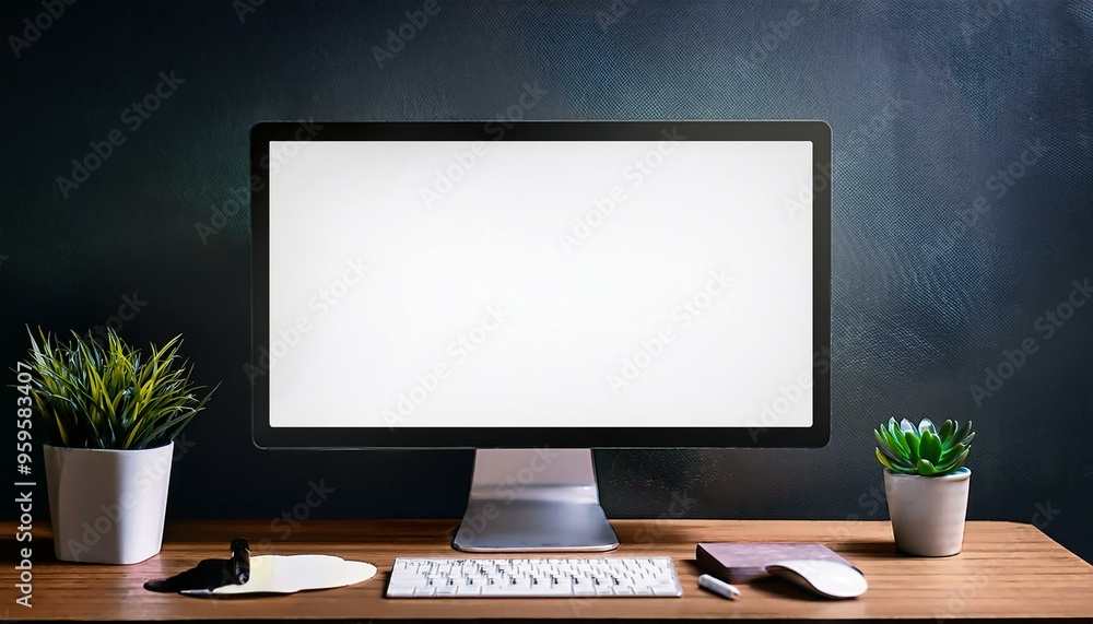 Fototapeta premium Sleek Computer Setup: Empty Screen on Wooden Desk with Dark Wall Backdrop for Professional Mockups