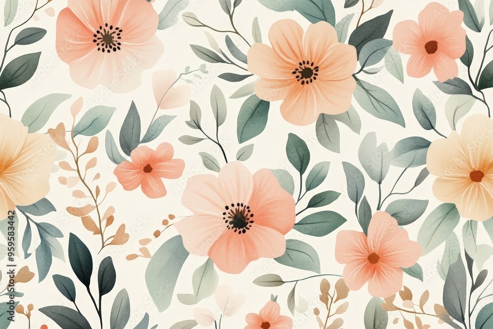 Pattern featuring delicate watercolor flowers and leaves, with soft pastel tones. T Pattern featuring delicate watercolor flowers and leaves, with soft pastel tones. T