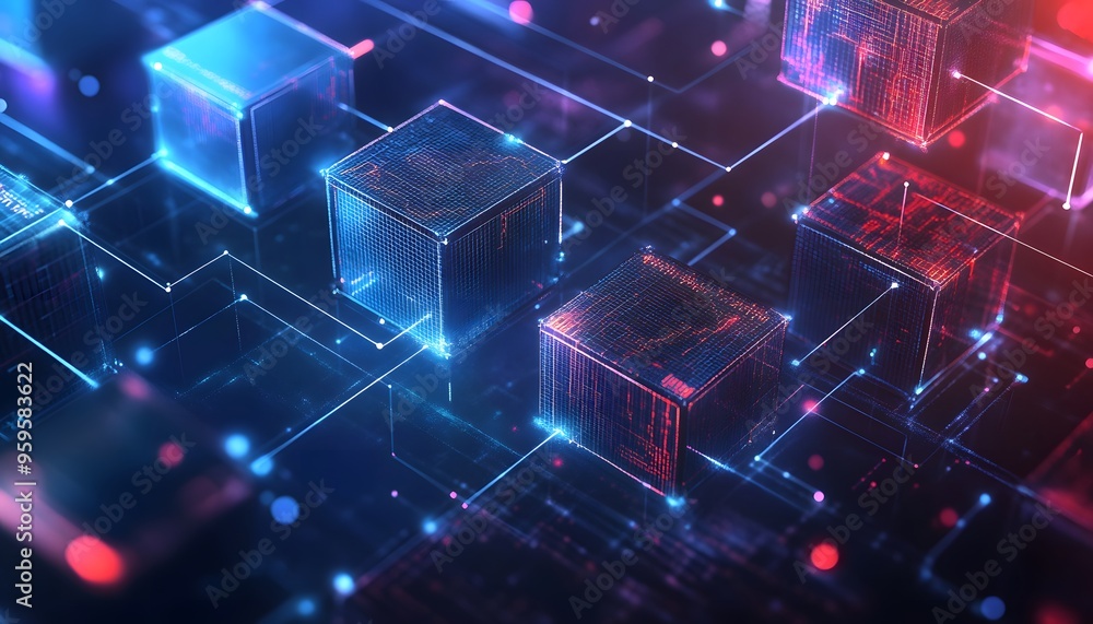 Fototapeta premium Abstract 3D Render of Glowing Cubes Connected by Lines