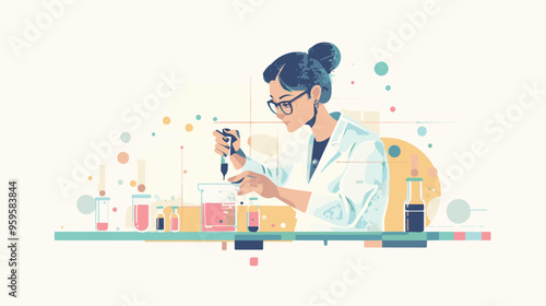 A flat illustration of a female scientist with glasses, in her laboratory white background,
