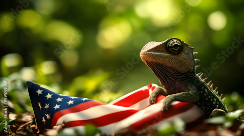 A lizard rests on an Americ...