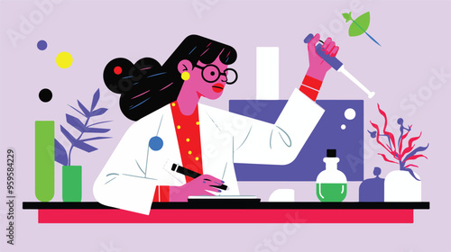 A flat illustration of a female scientist with glasses, in her laboratory white background,

