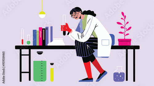 A flat illustration of a female scientist with glasses, in her laboratory white background,
