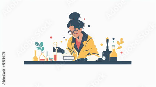 A flat illustration of a female scientist with glasses, in her laboratory white background,
