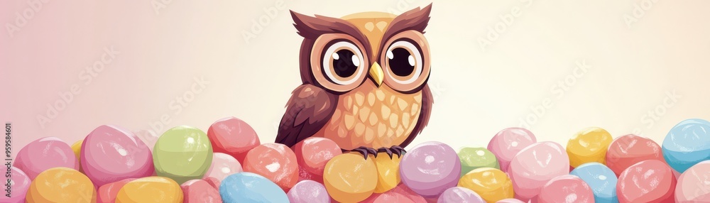 A charming owl perched among colorful candy eggs, perfect for spring themes and festive celebrations. A charming owl perched among colorful candy eggs, perfect for spring themes and festive celebrations.