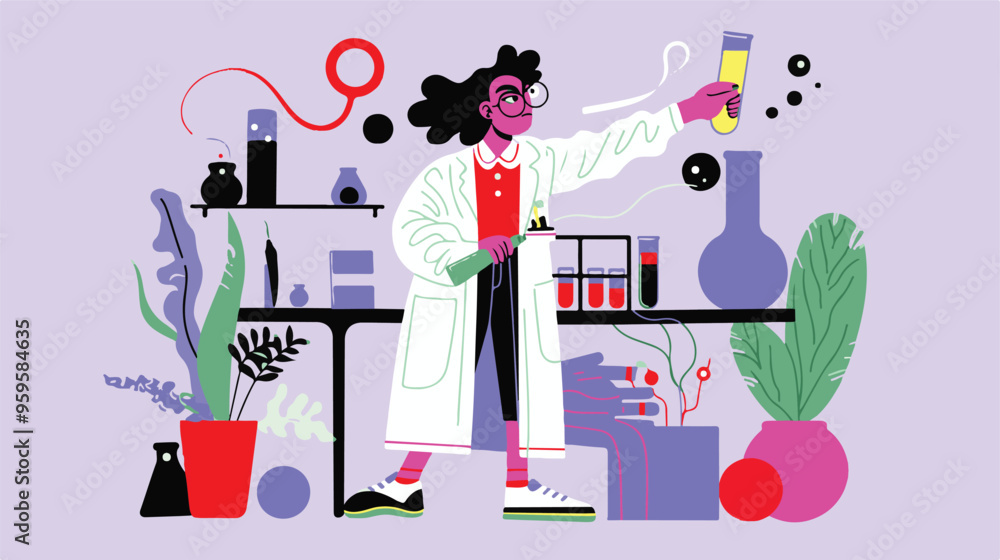 A flat illustration of a female scientist with glasses, in her laboratory white background,
A flat illustration of a female scientist with glasses, in her laboratory white background,