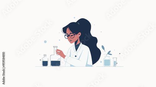 A flat illustration of a female scientist with glasses, in her laboratory white background,
