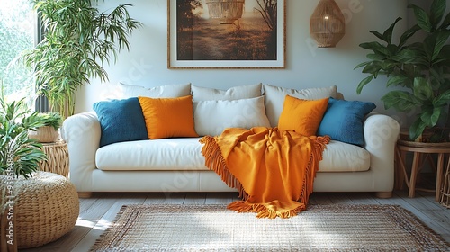 A bohemian living room with vibrant, fringed throws draped over a cozy sofa, adding warmth and color to the space. The room features rattan furniture, indoor plants, and soft ambient lighting, photo