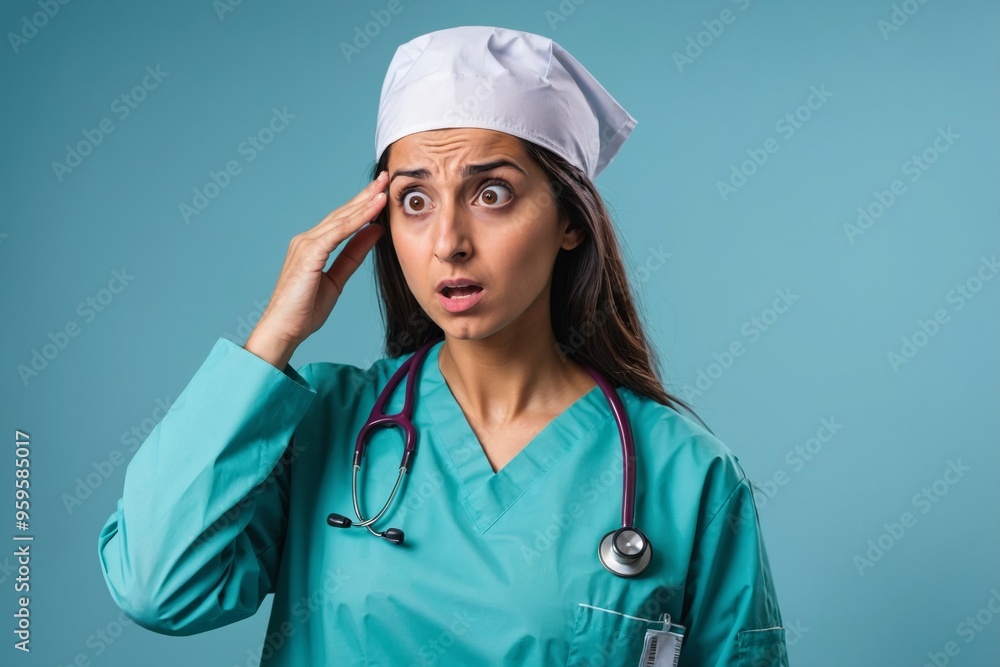Female doctor with surprised expression in medical uniform Female doctor with surprised expression in medical uniform