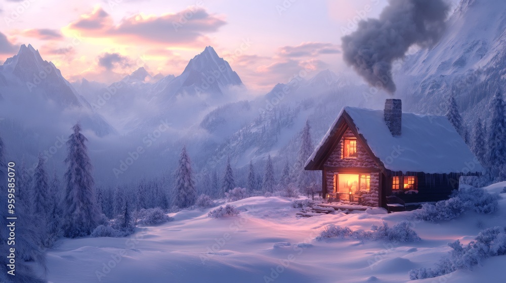 Fototapeta premium A cozy wooden cabin with smoke rising from the chimney sits on a snowy mountainside at sunset.
