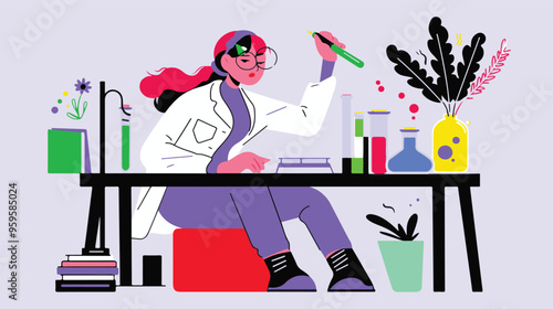 A flat illustration of a female scientist with glasses, in her laboratory white background,
