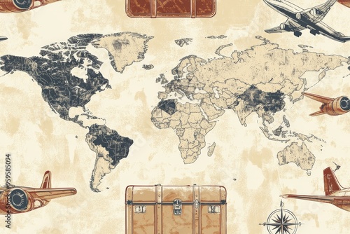 Wallpaper Mural Pattern featuring vintage-inspired travel motifs like suitcases, airplanes, and world maps. Use a muted, retro color palette with sepia tones and faded textures. Torontodigital.ca