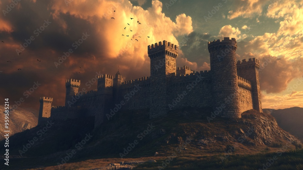 Fototapeta premium A majestic stone castle sits atop a hill, with a dramatic sky of dark clouds and birds flying overhead.