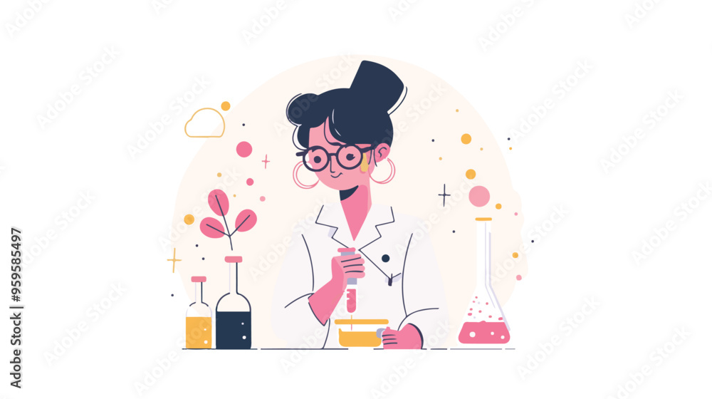 A flat illustration of a female scientist with glasses, in her laboratory white background,
A flat illustration of a female scientist with glasses, in her laboratory white background,