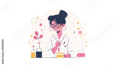 A flat illustration of a female scientist with glasses, in her laboratory white background,
