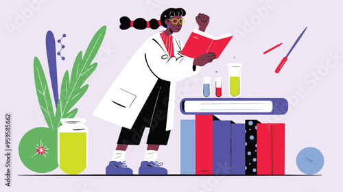 A flat illustration of a female scientist with glasses, in her laboratory white background,

