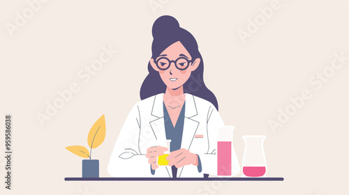 A flat illustration of a female scientist with glasses, in her laboratory white background,
