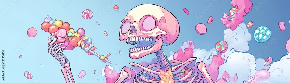 A colorful and whimsical illustration of a skeleton enjoying a treat, surrounded by vibrant bubbles and joyful elements. A colorful and whimsical illustration of a skeleton enjoying a treat, surrounded by vibrant bubbles and joyful elements.
