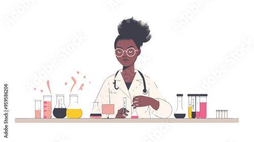 A flat illustration of a female scientist with glasses, in her laboratory white background,
