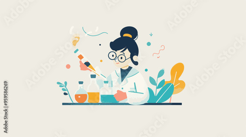A flat illustration of a female scientist with glasses, in her laboratory white background,
