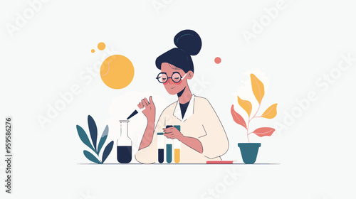 A flat illustration of a female scientist with glasses, in her laboratory white background,
