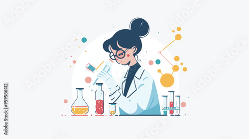 A flat illustration of a female scientist with glasses, in her laboratory white background,

