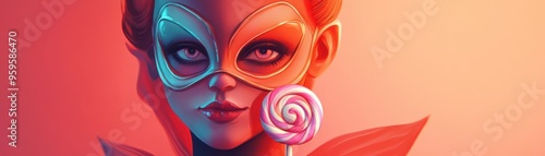 A colorful masked figure holds a lollipop, blending elements of fantasy and playfulness in a vibrant setting.