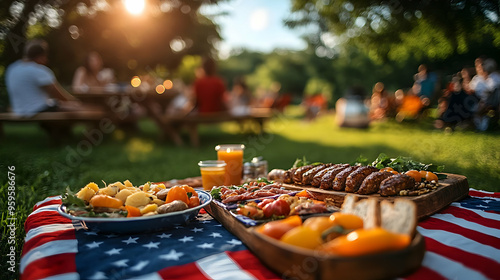 A picnic scene featuring fo...