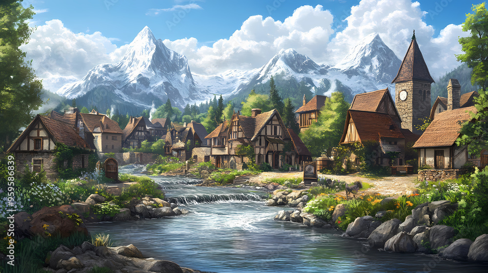 Small fantasy village by a river with mountains in background. Medieval Village. Illustration Small fantasy village by a river with mountains in background. Medieval Village. Illustration