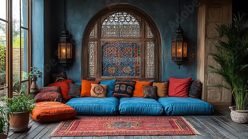 A cozy bohemian living room with Moroccan poufs, lanterns, and tile-patterned cushions creating an exotic, inviting space. The room features natural wood furniture, woven textiles, and warm lighting,