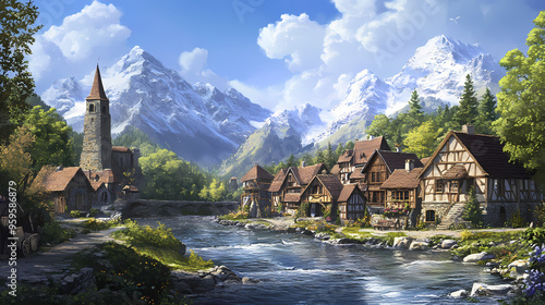 Small fantasy village by a river with mountains in background. Medieval Village. Illustration