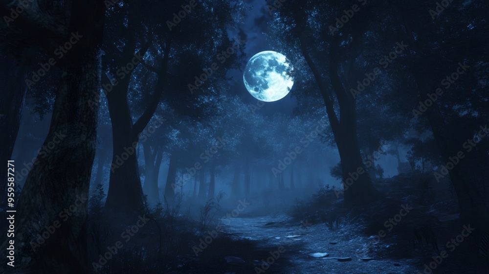 A misty forest path illuminated by a bright full moon. A misty forest path illuminated by a bright full moon.