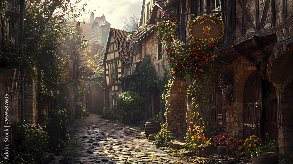A beautiful fantasy matte painting of an alley in a tolkien-like village. Medieval Village. Illustration A beautiful fantasy matte painting of an alley in a tolkien-like village. Medieval Village. Illustration